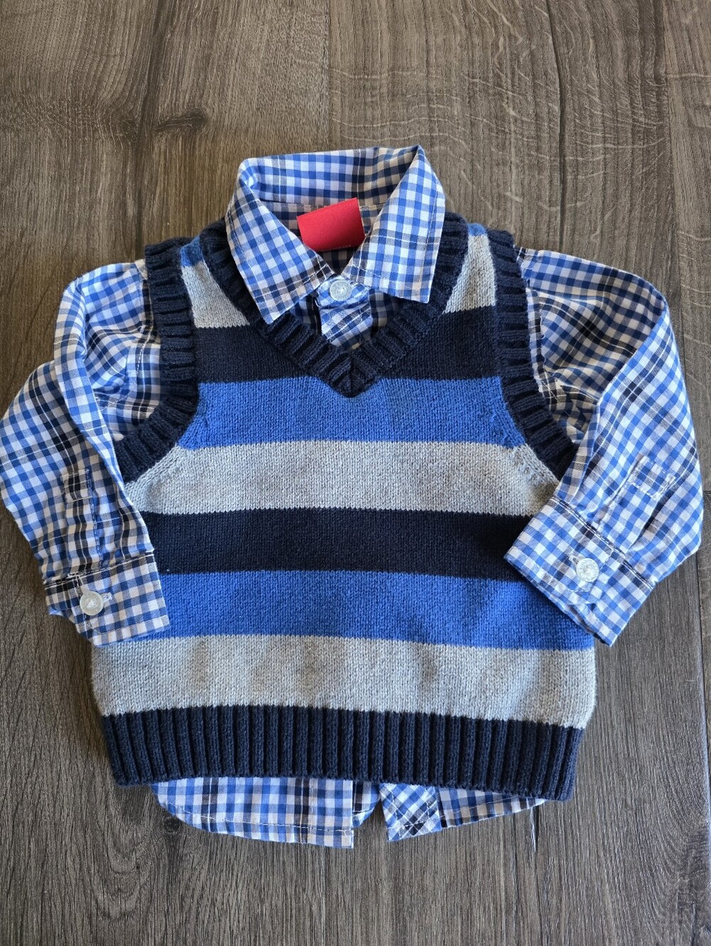 Izod Blue and Navy Striped Sweater Vest with Blue Gingham Shirt